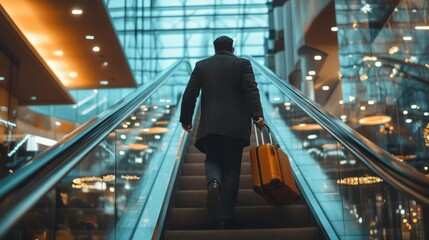 Man travels upward on escalator holding suitcase in airport