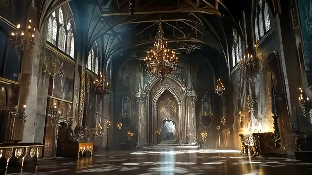 Grand gothic hall with ornate chandeliers, intricate artwork, and soft sunlight illuminating the space