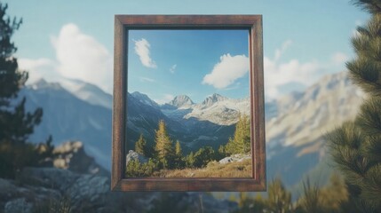 Creative floating photo frame showcasing mountain reflections and pine trees in scenic wilderness