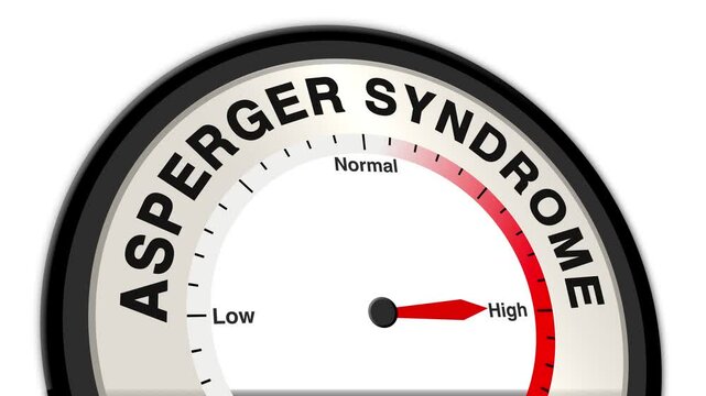 Asperger Syndrome text or word shown with a barometer or tachometer-style gauge, representing varying levels of social and communication difficulties, alongside repetitive behaviors