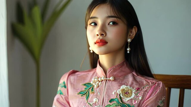 Beautiful young Peranakan Chinese woman with straight hair