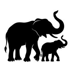 Elephant Family Silhouette Walking Together Artistic Vector Illustration Design Black And White