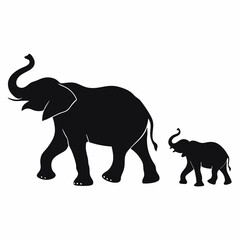 Silhouette Of Elephant Mother And Baby Walking Together Wildlife Vector Illustration
