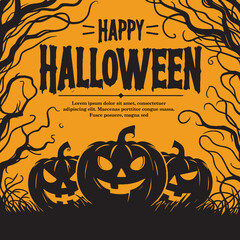 Creepy silhouettes of pumpkins and branches create an eerie Halloween theme. A bold greeting complements the orange and black aesthetic, perfect for celebrating the spooky holiday.