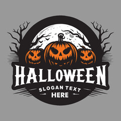 Halloween-themed graphic with evil pumpkins, eerie moonlight, and spooky bare trees, ideal for festive designs or event promotions.