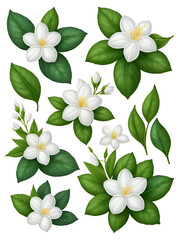 Obraz premium Set of jasmine flowers and leaves isolated on white or transparent background