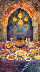 A lavish feast under an ornate archway, adorned with golden lanterns.