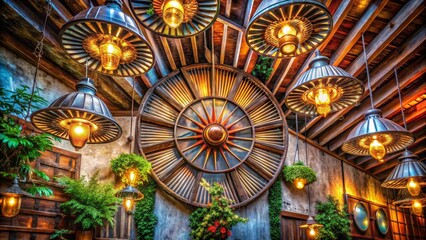 Obraz premium Ornate Interior with Hanging Lamps and Decorative Wheel