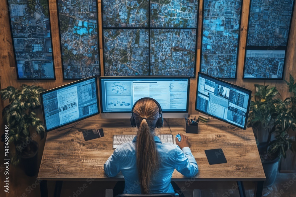 Aufkleber female analyst working at multiple computer monitors in a control room