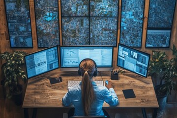 Female analyst working at multiple computer monitors in a control room
