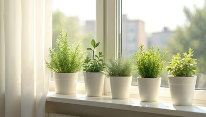 Fototapeta premium Various fresh herbs in white pots growing on windowsill. Rosemary thyme and other kitchen herbs grow indoors. Home gardening concept. Natural ingredients for cooking, eco lifestyle.