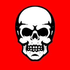 Vector skull head illustration with bold outlines and sharp features. This graphic skull design fits tattoo art, streetwear graphics, and dark-themed visuals, fierce expression, iconic logo.