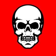 Vector skull head illustration with bold outlines and sharp features. This graphic skull design fits tattoo art, streetwear graphics, and dark-themed visuals, fierce expression, iconic logo.