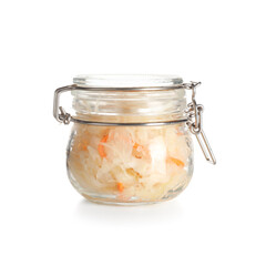 Jar with tasty sauerkraut on white background. Closeup