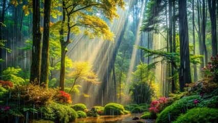 Obraz premium Sunbeams Through Forest Canopy