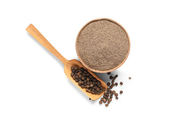 Bowl of black pepper powder and wooden scoop with peppercorns on white background