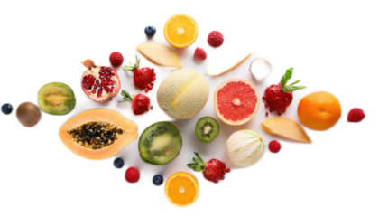 Symmetrical Floating Fruit Composition – Citrus, Berries, and Melons on White