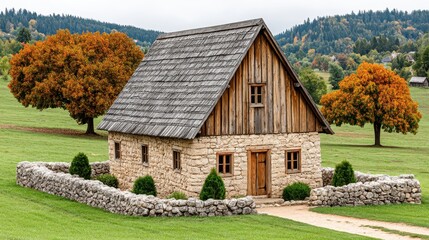 Obraz premium Rustic Stone House Amidst Autumnal Trees in a Verdant Field