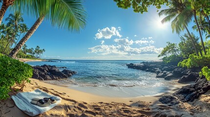 Tropical Beach Paradise with Calm Ocean and Lush Greenery Under Sunlight