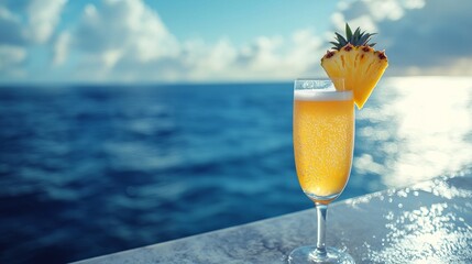 Refreshing Tropical Cocktail with Pineapple Slice by Serene Ocean View