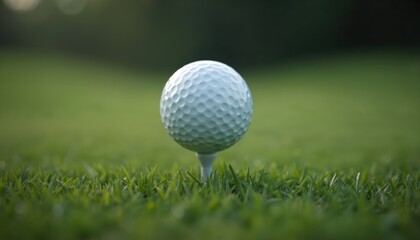 Obraz premium Golf ball on tee on green grass. White golf ball ready for game. Sports equipment for golf. Ball ready for shot on the course. Golfing concept.