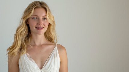 Naklejka premium Elegant blonde woman posing in a romantic white dress with a confident smile