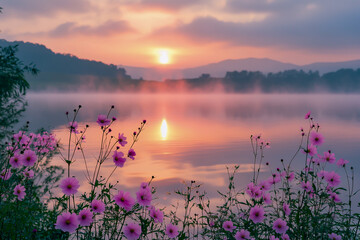 Delicate pink flowers in the foreground, a calm lake with soft mist covering the distant landscape at sunrise, capture a serene morning atmosphere.