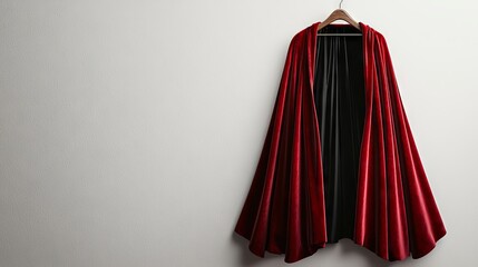 Elegant Red Velvet Cape Hanging on Wooden Hanger Against Neutral Background