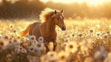 Golden Horse Gallops Through Sunlit Flower Field in Warm Evening Light