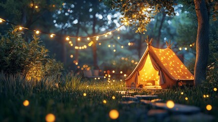 Cozy Glowing Tent Under Stars in Dreamy Forest Setting at Night