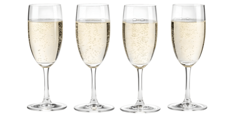 Set For Four Champagne Flutes Filled with Sparkling Wine Isolated On Transparent Background