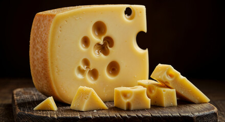 Swiss Cheese Wedge Block Holes Cut Pieces Wooden Board Food Dairy