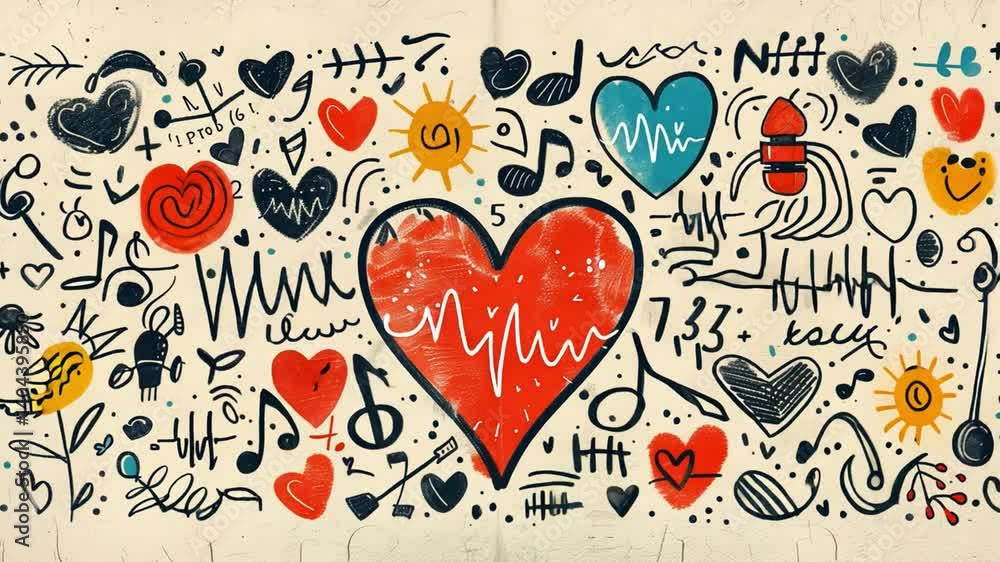 Poster a vibrant mural features a large red heart surrounded by musical notes and various abstract designs,