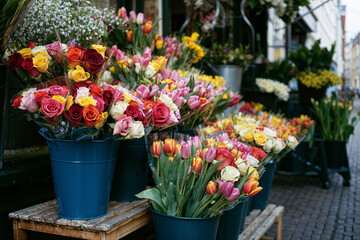 Colorful Flower Bouquets Roses Tulips Florist Street Market