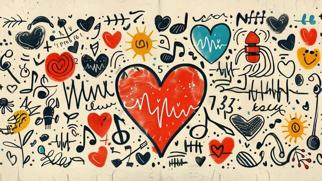 A vibrant mural features a large red heart surrounded by musical notes and various abstract designs, bringing a lively artistic touch to the urban space.