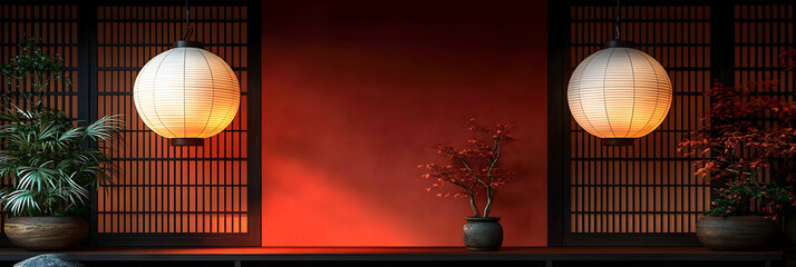 Elegant Japanese Lanterns with Decorative Plants on Red Wall