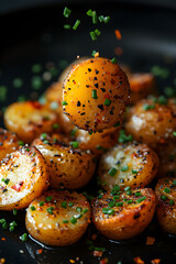 Delicious Roasted Potatoes with Black Pepper and Chives Levitating in Air