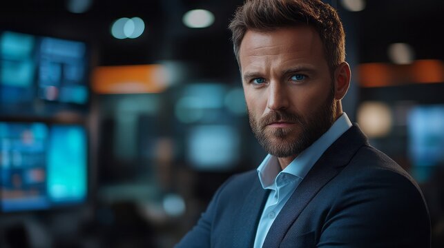Confident businessman poses in front of multiple computer screens