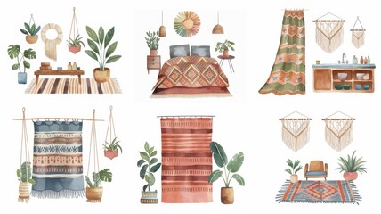 Bohemian Decor Watercolor Illustrations:  Cozy Home Interior Design