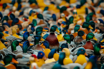 Fototapeta premium The lively, vibrant ducks stand out among the flock of other colorful ducks.