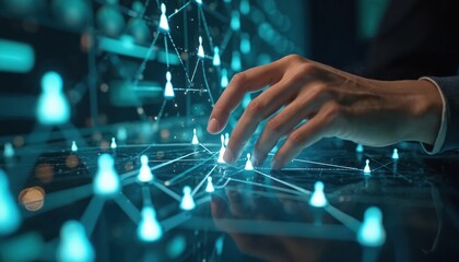 Hand touches glowing network human icons. Concept of social connection, team collaboration, HR planning, business organization, online interaction. Future tech, digital cyberspace network. People