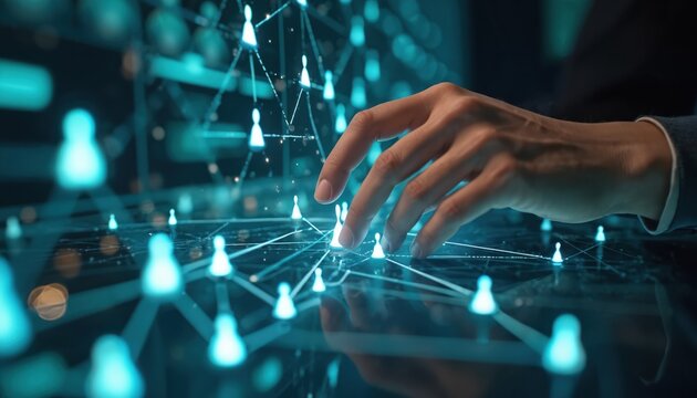 Hand touches glowing network human icons. Concept of social connection, team collaboration, HR planning, business organization, online interaction. Future tech, digital cyberspace network. People
