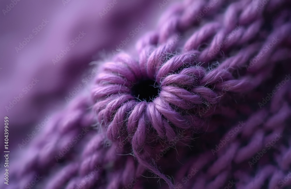 Poster close-up detailed photo of darned hole in purple woollen fabric. repaired damage in knitted material