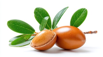 A close-up studio shot depicts a ripe argan nut cracked open revealing its kernel alongside fresh green leaves on a pristine white background.