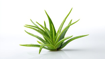 Fototapeta premium A vibrant green aloe vera plant with succulent leaves sits on a bright white background showcasing its healing properties and natural beauty for cosmetic and medicinal uses.