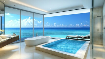 Fototapeta premium Luxurious modern bathroom with ocean view and spa features
