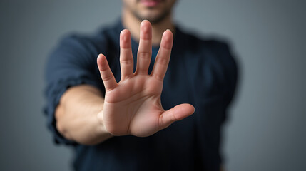 Obraz premium person's hand showing palm gestures stop, concept violence, warning, refuse, defense, caution. the hand sign of men a stop