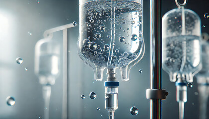 A close-up view of a medical IV (intravenous) fluid bag suspended from a stand, with visible air bubbles in the solution, highlighting a sterile, clinical environment