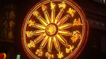 Obraz premium Illuminated Neon Zodiac Wheel Displayed in a Vibrant Nighttime Scene