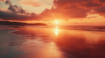 Obraz premium Crimson Embrace, A Tranquil Beachscape Painted by the Setting Sun